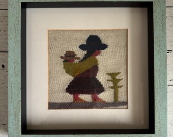 Vintage Framed Peruvian Folk Art Needlepoint Tapestry of Mother and Child 12” x 12”