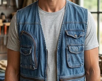 Vintage Distressed Denim Travel Vest | 11 Pocket Utility Cargo Vest