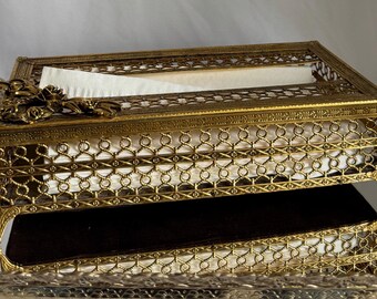 Vintage Gold Metal Filigree Tissues Holder with Removable Lid