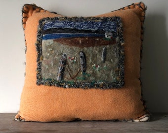 Vintage Blanket Pillow with Felted Wool Landscape Design and Down Insert | Toss Cushion