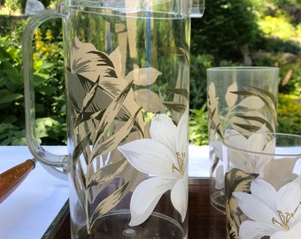 Vintage Acrylic Pitcher and 6 Tumblers Set Tropical Theme White Hibiscus Palm Leaves