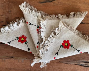 Vintage Embroidered Linen Napkins| Set of 4