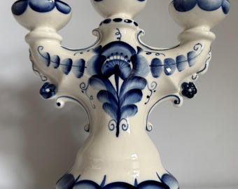 Vintage Gzhel Russian Porcelain Candleholder 3 Branch