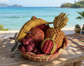 Vintage Wicker Faux Fruits in Basket Tropical Summer Table Decor | 7 Piece Set
