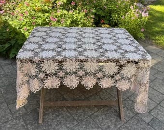 Vintage Crocheted Lace Tablecloth 75” x 56” Crochet Rectangular