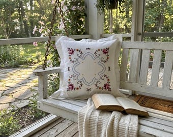 Vintage Cross Stitch Embroidered Throw Pillow Cover