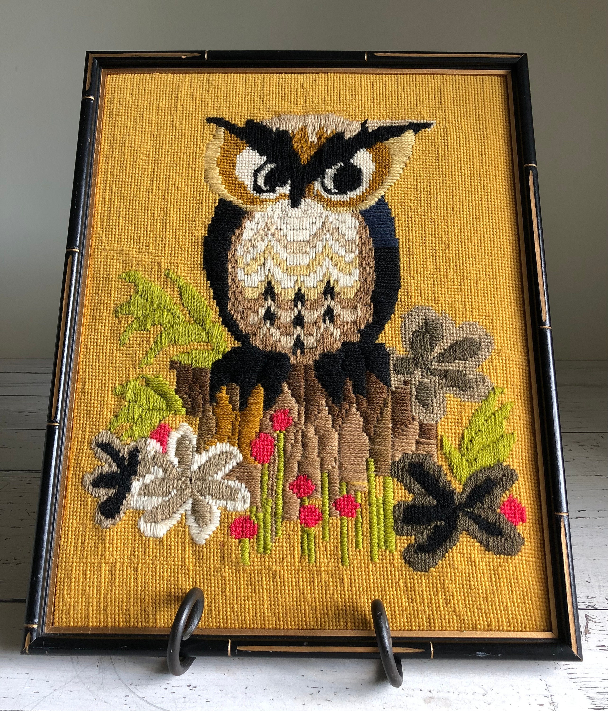 Vintage Needle Point Owl Framed