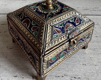 Antique Enamelled Moroccan Metal Casket Jewellery Trinket Box with Hinged Lid