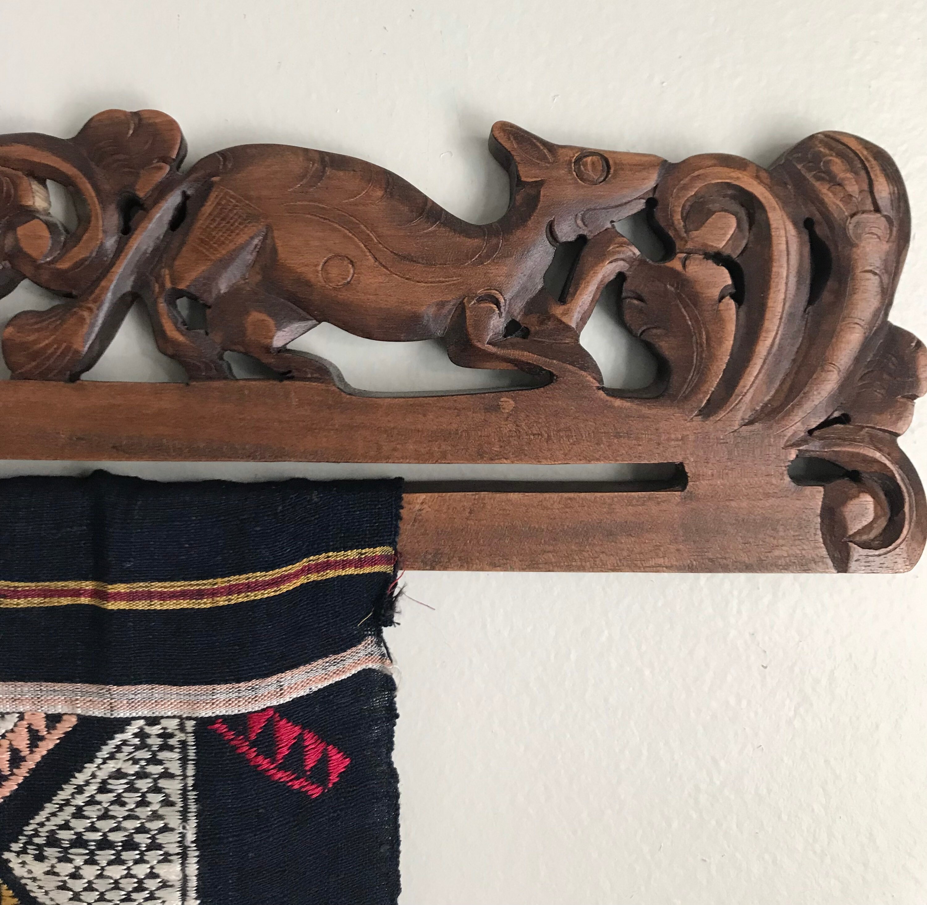 Pr Indonesian Carved Wood Tapestry Hangers