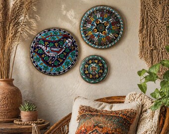 Vintage Enamelled Brass Cloisonné Moroccan Wall Plates Set of 3