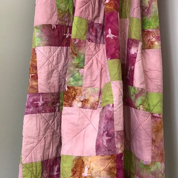 Vintage Quilt | Pink and Green Batik Throw Blanket 71” x 54