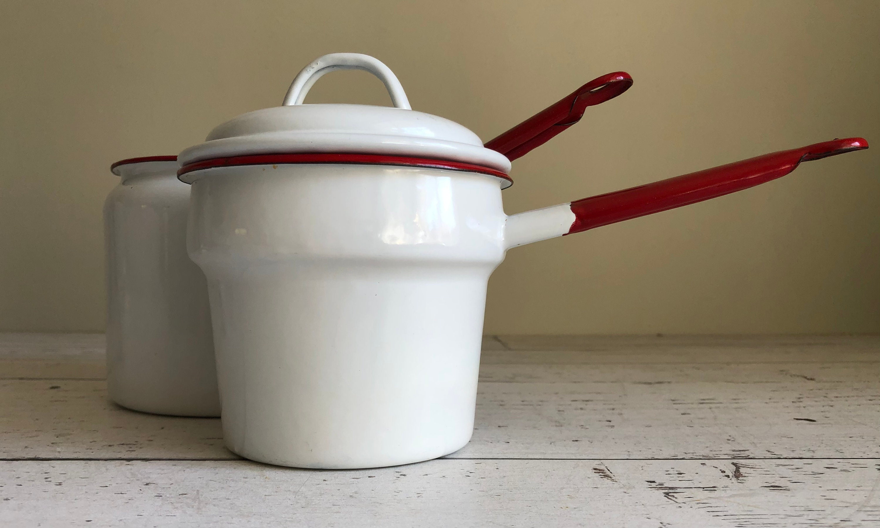 Vintage Enamelware Cookware Pots Double Boiler Set Red and White 9