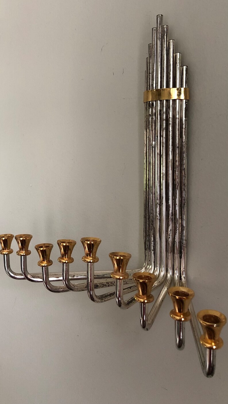 Menorah vintage à fixation murale Plaqué argent à 9 branches Karshi Jérusalem Style Art déco image 4