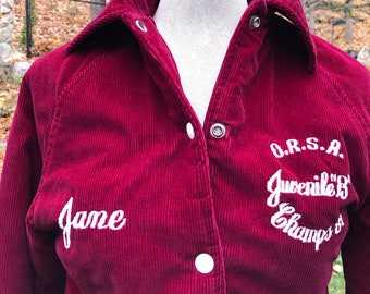 80s Varsity Jacket | Burgundy Corduroy with Quilted Lining Bomber Jacket | Monogram Embroidered “Jane” | Ladies Size Small