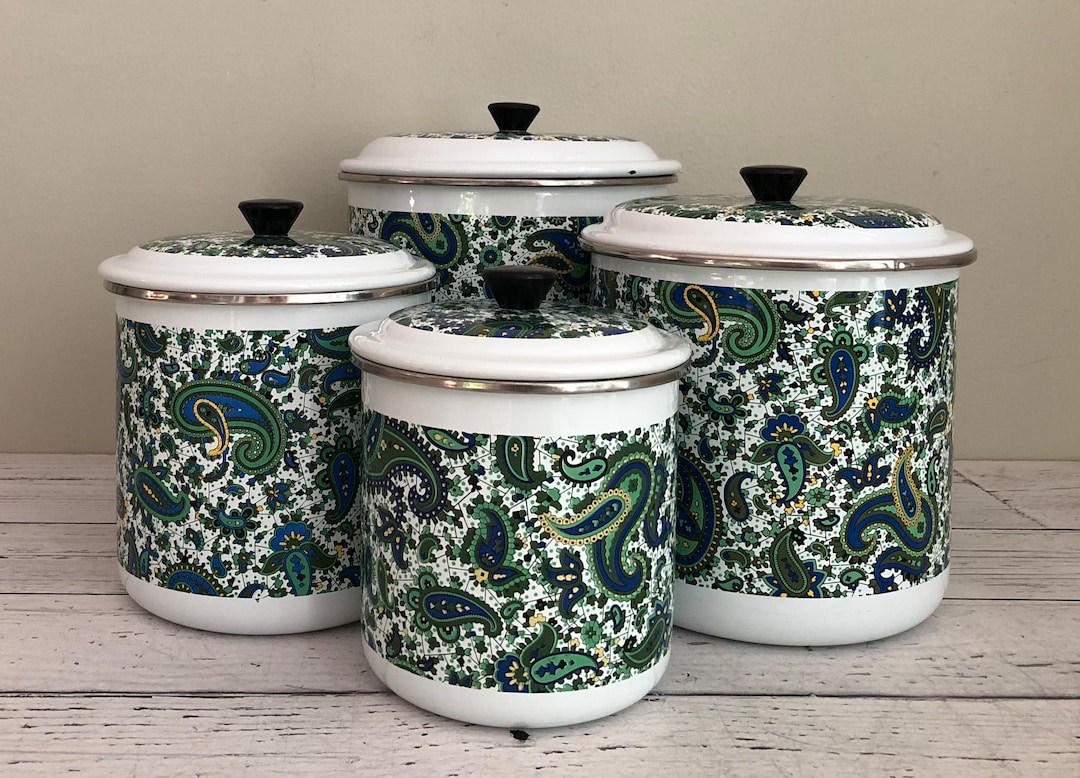 Vintage Enamelware Canister Set of 4 Paisley Enamel Etsy