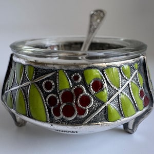 Vintage Russian Open Salt Cellar | Hommet Melchior Silver Plate with Enamel, Glass Insert and Original Spoon