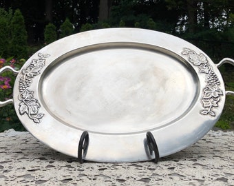 Tuscan Style Silver Plated Serving Tray with Handles | Vintage Pottery Barn Vineyard Collection | 19” x 14.5” Oval