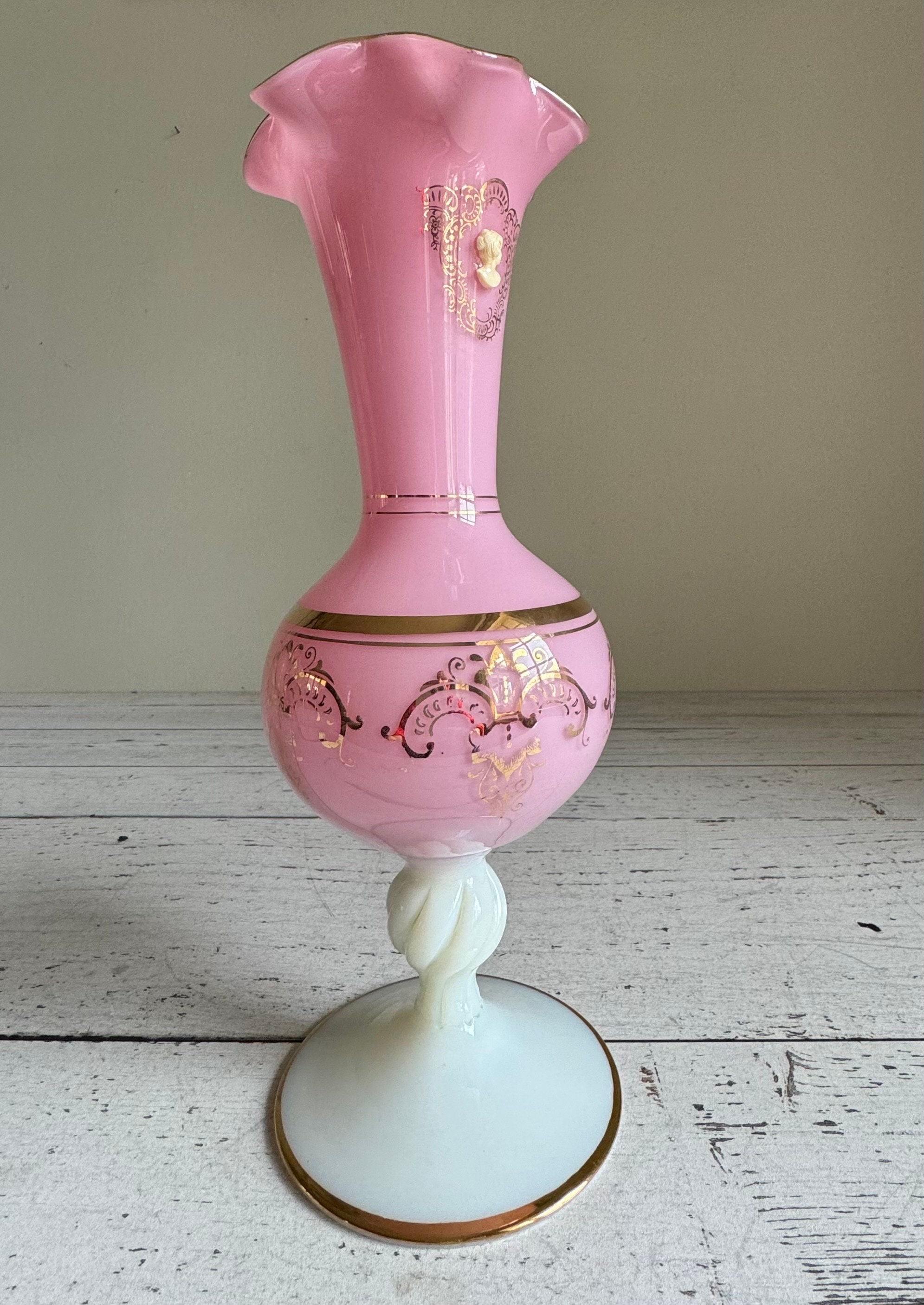 Antique Pink Ruffle Top Tall Vase | Pink and White Opaline