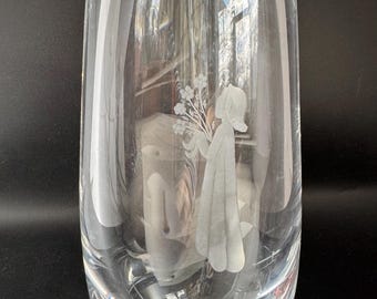 Swedish Art Glass Vintage Orrefors Heavy Clear Crystal Vase Etched 8”