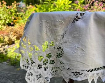 Vintage White Battenberg Lace Tablecloth 51” Square