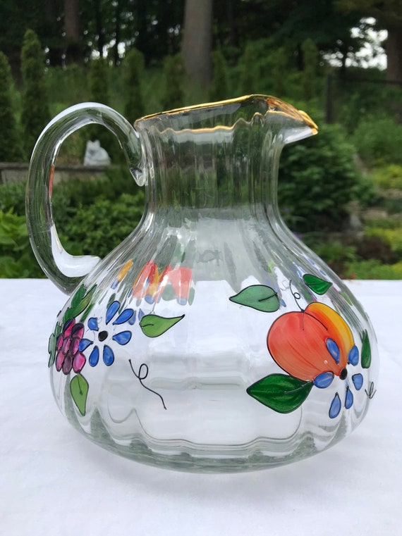 Large Glass Pitcher Jug Hand Painted Enamel Fruit Flowers Gold Rim Crystal  Clear 