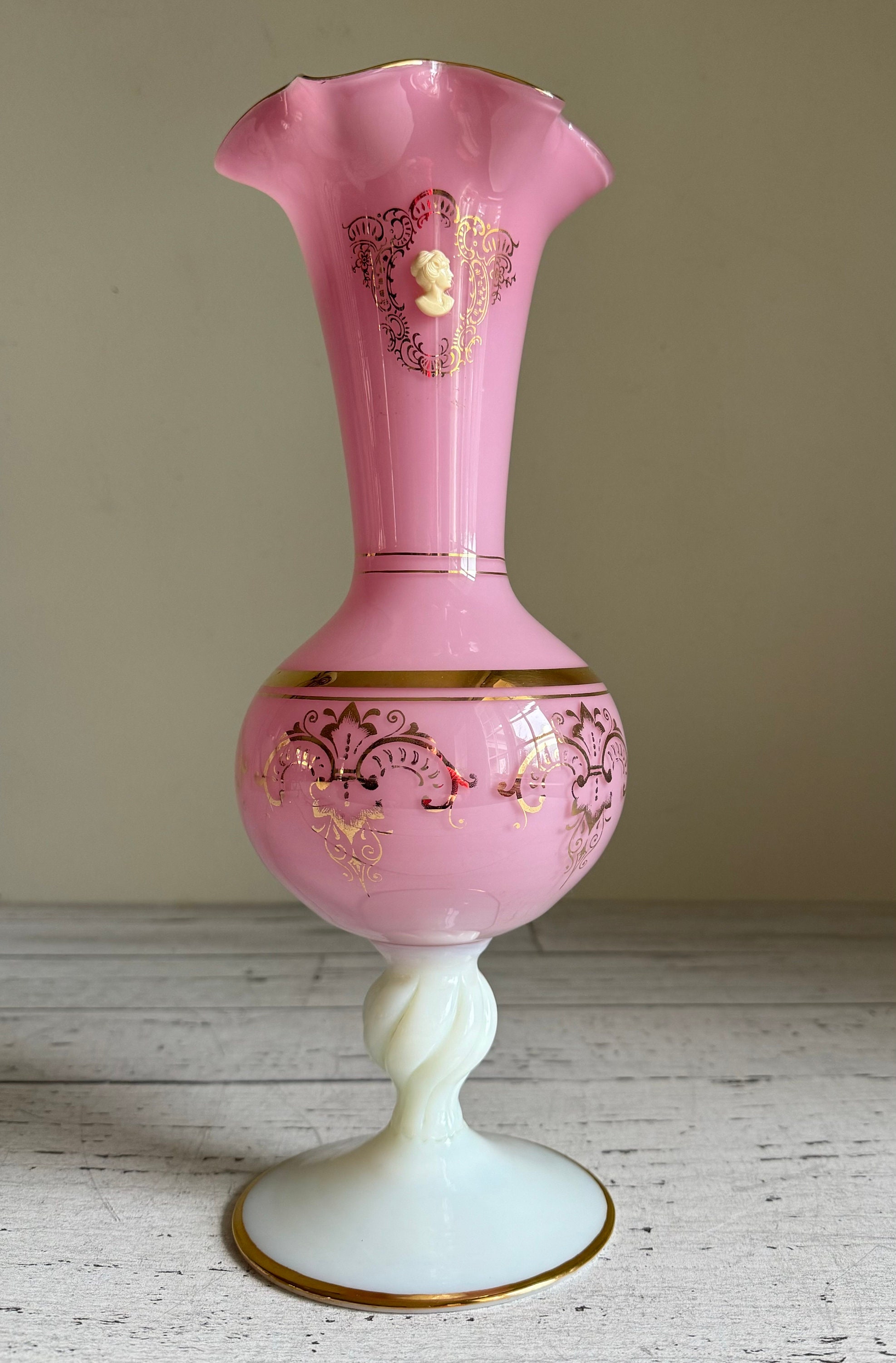 Antique Pink Ruffle Top Tall Vase | Pink and White Opaline