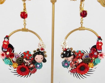 Geisha Earrings, Japanese Earrings, Oversized Hoop Earrings, Gold Hoop Earrings, Oriental Earrings, Asian Earrings Statement Kawaii Earrings