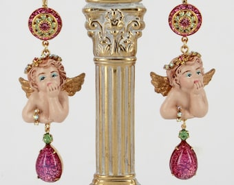 Pink Cherub Earrings - Hand Cast & Painted with Gilded Wings, 24ct Gold Plated Brass, Roses, Czech Opaline Teardrops, Vintage Swarovski