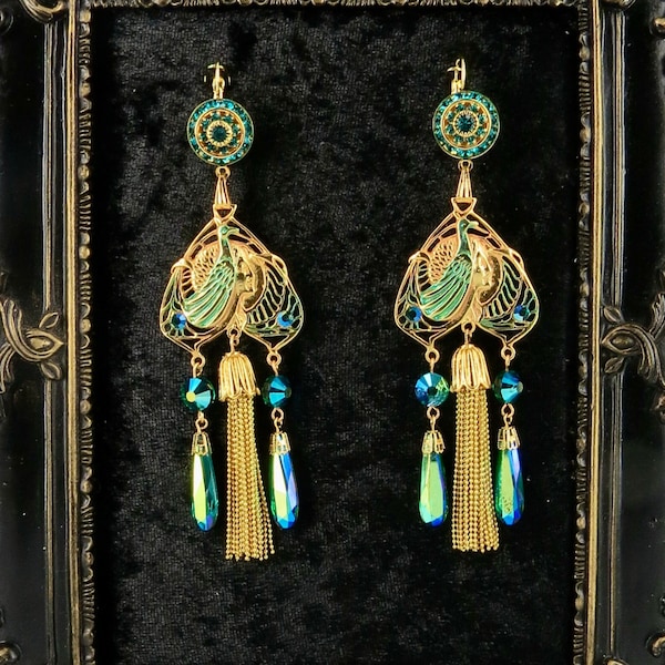 Peacock Lady Art Nouveau Earrings with Vintage Swarovski & Tassel Drops