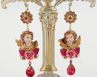 Pink Cherub Drop Earrings, Hand Cast, Painted & Gilded with 24ct Gold Plated Vintage Swarovski Florette, Czech Facetted Rhinestone Drops