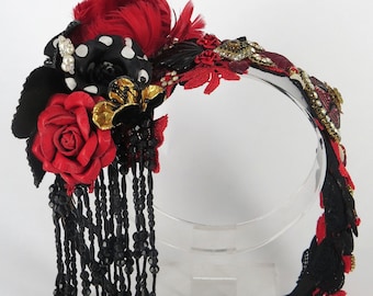 Art Deco Head Piece, 1920s Beaded Gatsby Headband Black, Red Flapper Feather Headband, Gothic Wedding Crystal Headband, Rhinestone Headpiece