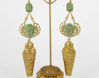 Mummy Earrings, Scarab Earrings, Pharaoh Earrings, Vintage Egyptian Revival Earrings, Vintage Green Earrings, Teal Earrings Dangle Gift Her