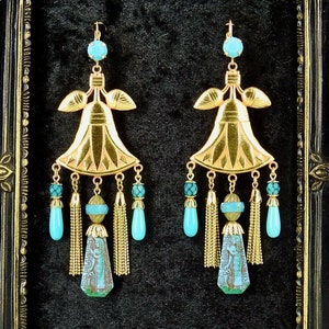 Stunning Turquoise & Gold Lotus Egyptian Revival Earrings, chain tassels, vintage Czech drops, gold plated, European pierced or clip-on