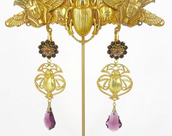 Scarab Earrings, Egyptian Revival Earrings, Purple Swarovski Earrings, Purple Chandelier Earrings, Geometric Earrings, Baroque Earrings Gold