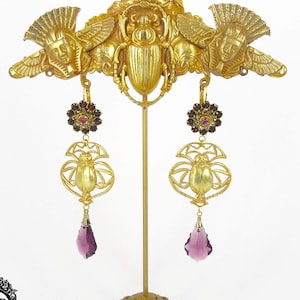 Scarab Earrings, Egyptian Revival Earrings, Purple Swarovski Earrings, Purple Chandelier Earrings, Geometric Earrings, Baroque Earrings Gold