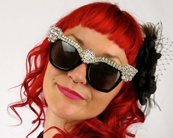 Occhiali da sole oversize con diamanti, occhiali da sole Hollywood, occhiali da sole anni '20, occhiali da sole neri Cat Eye da donna, regali Bling per le donne
