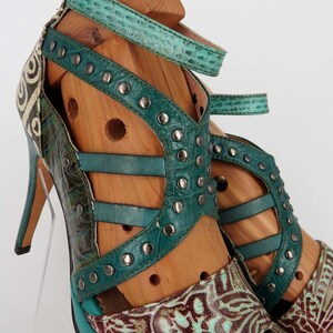 Green High heels, Leather High Heel, Tribal Shoes, Handmade Shoes, Peep Toe Heels, Pumps Size 8, Italian Leather Shoes, Designer Heels Women image 6