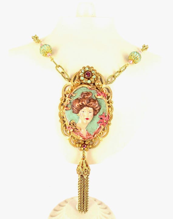 Edwardian Necklace Vintage, Gibson Girl Costume, Vintage Swarovski Crystal Necklace, Gold Filigree Chain Necklace, Pink Swarovski Necklace