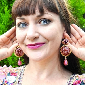 Deep Rose drop earrings, my original glass feature with rhinestones, handpainted flower, gold plated filigrees, claw-set facetted glass drop