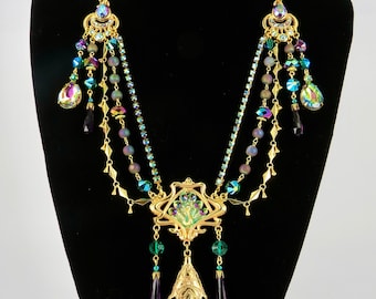 PEACOCK Necklace, 24ct Gold Plated, Vintage CZECH Rhinestones & Swarovski Crystal Beads