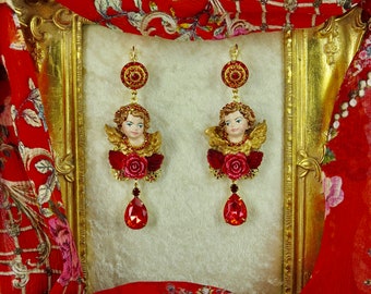 Red Cherub Drop Earrings, Hand Cast, Painted & Gilded with 24ct Gold Plated Vintage Swarovski Florette, Czech Facetted Rhinestone Drops