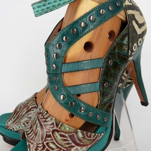 Green High heels, Leather High Heel, Tribal Shoes, Handmade Shoes, Peep Toe Heels, Pumps Size 8, Italian Leather Shoes, Designer Heels Women image 5
