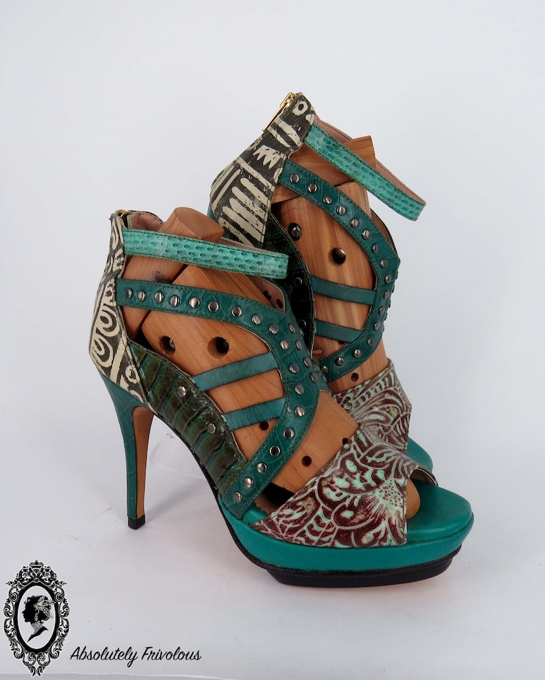 Green High heels, Leather High Heel, Tribal Shoes, Handmade Shoes, Peep Toe Heels, Pumps Size 8, Italian Leather Shoes, Designer Heels Women image 1