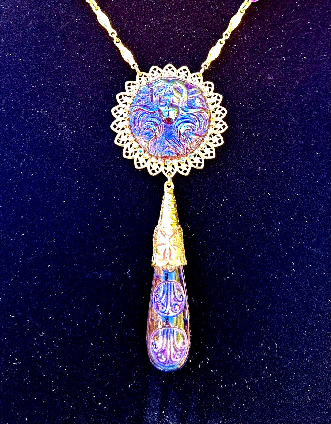 Purple Art Nouveau Lady Handmade Lustre Glass Necklace, Gold
