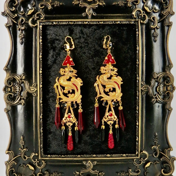 Fabulous Dragon Vintage Czech Long Drop Earrings, Black & Red Czech Crystal Drops, Gold Plated