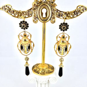 Long Egyptian Scarab Gold plated Earrings with inlaid Vintage Black and AB crystals & vintage Swarovski beads, hanging Onyx drops, pierced