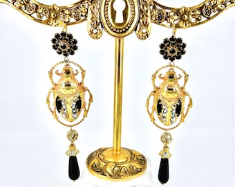 Long Egyptian Scarab Gold plated Earrings with inlaid Vintage Black and AB crystals & vintage Swarovski beads, hanging Onyx drops, pierced