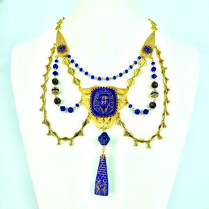 Egyptian Revival Neiger Dark blue & gold drape necklace with antique pharaoh centre and drop, original Czech components, hand beaded chain