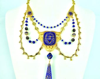 Egyptian Revival Neiger Dark blue & gold drape necklace with antique pharaoh centre and drop, original Czech components, hand beaded chain