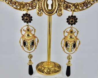 Egyptian Scarab Earrings with inlaid Vintage Black and AB Swarovski Crystals and hanging Onyx drops